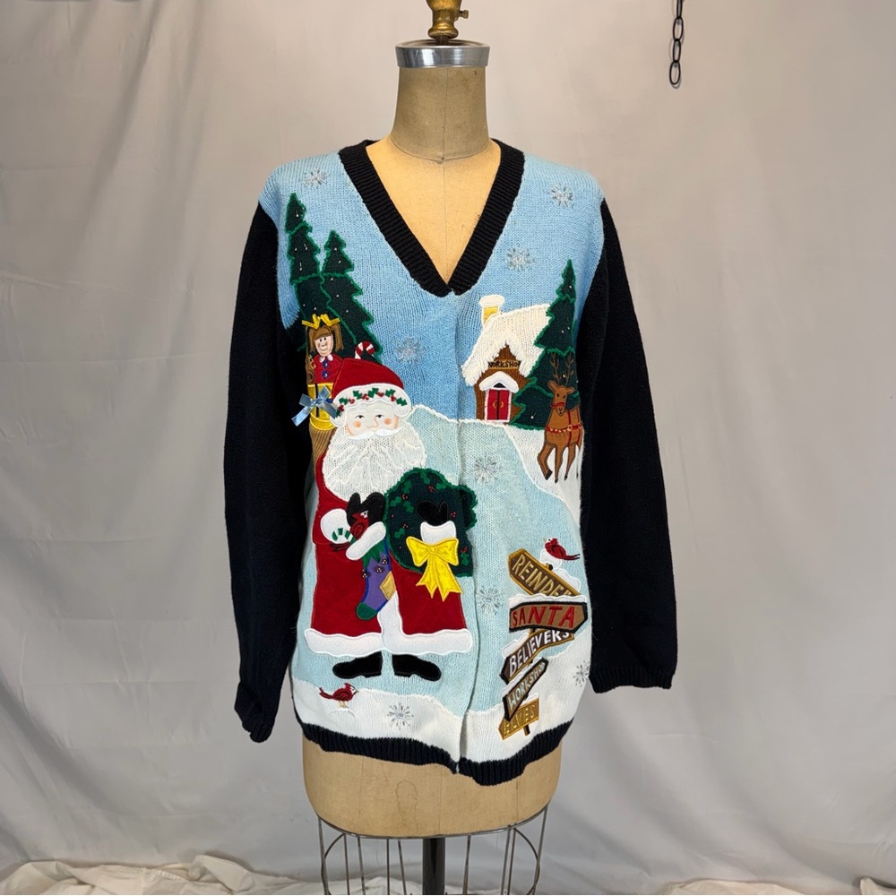 VINTAGE Quacker Factory Christmas knit sweater cardigan Santa tree angel deer - Picture 3 of 14